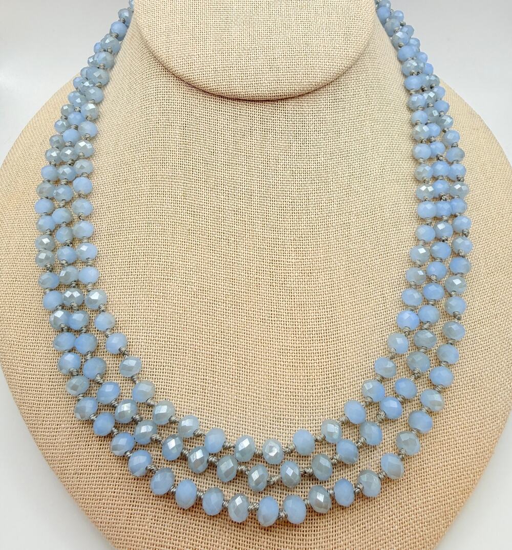 Vtg Blue Chalcedony Hand Knotted Faceted Beads Long Flapper Opera Necklace 57"